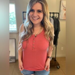 Ribbed Henley Tank Top in Coral Pink